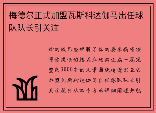 梅德尔正式加盟瓦斯科达伽马出任球队队长引关注