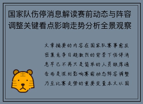 国家队伤停消息解读赛前动态与阵容调整关键看点影响走势分析全景观察